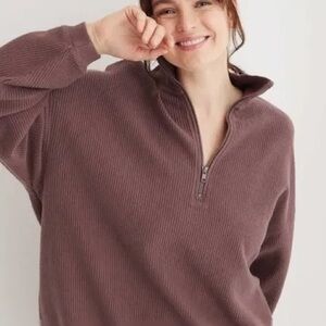 Aerie “Good Vibes” Brown Oversized Corded Quarter-Zip Sweatshirt – Women’s Sz S